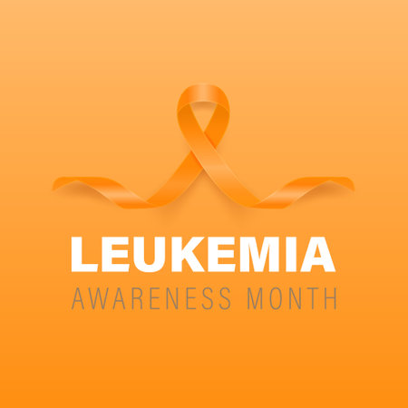 Leukemia, Blood Cancer Banner, Card, Placard with Vector 3d Realistic Orange Ribbon on Orange Background. Leukemia Cancer Awareness Month Symbol Closeup, September. World Leukemia Cancer Day Conceptのイラスト素材
