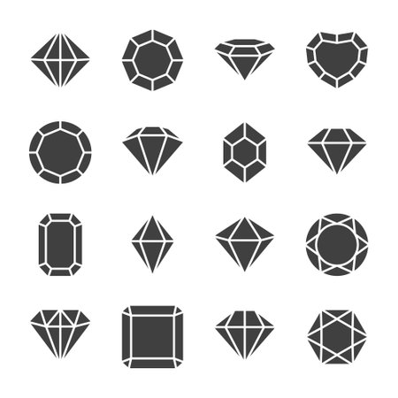Vector Flat Simple Minimalistic Black and White Gemstone Icons Set. Diamond, Crystal, Rhinestones Closeup Isolated. Jewerly Concept. Design Template of Gemstones, Gem Clipart. Top, Front Viewのイラスト素材
