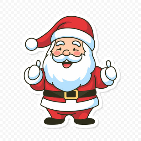 Flat Vector Portrait of Smiling Happy Santa Claus Showing Like Sign with Thumb. Cartoon Christmas Santa Claus Sticker Icon, Isolated Vector Illustration, Front Viewのイラスト素材