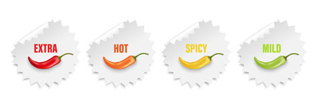 Realistic Vector Round Stickers with Spicy Chili Pepper Levels. Red, Orange, Yellow, Green Jalapeno Pepper Strength Scale Sticker Indicators with Mild, Spicy, Hot and Extra Positionsのイラスト素材