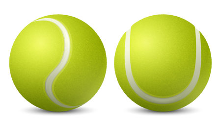 Vector 3d Realistic Green Textured Tennis Ball Icon Set Closeup Isolated on White. Tennis Ball Design Template for Sports Concept, Competition, Advertisement. Front View. Vector Illustrationのイラスト素材