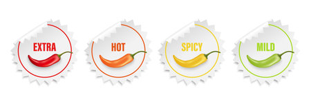 Realistic Vector Round Stickers with Spicy Chili Pepper Levels. Red, Orange, Yellow, Green Jalapeno Pepper Strength Scale Sticker Indicators with Mild, Spicy, Hot and Extra Positionsのイラスト素材