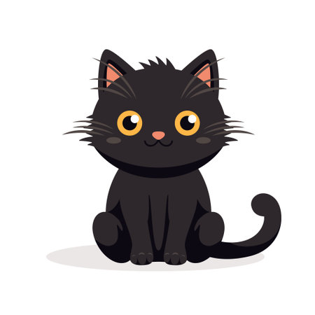 Vector Flat Black Cat. Cartoon Cat Icon Isolated. Black Cute and Funny Cat in Front Viewのイラスト素材