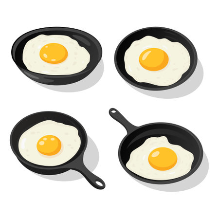Vector Flat Fried Egg, Omelet in a Dish Plate and Frying Pan Isolated on White Background. Sunny Side Up, Healthy Breakfast, Protein Food, Diet Meal Concept. Design Templateのイラスト素材
