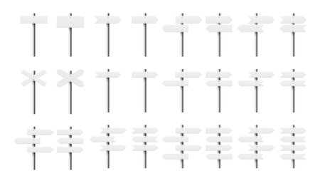 Vector 3D Wooden Sign Post Set. Realistic Blank Signboard on Road, Plywood Pointer, Timber, Wood Texture. Signpost for Pointing Direction, Isolated. Navigation Design Elements, Directional Conceptsのイラスト素材