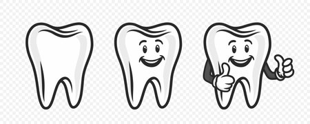 Vector Cute and Friendly Cartoon Tooth Character. Design Template for Promoting Dental Care and Toothpaste. Healthy Oral Hygiene Concept. The Smiling Tooth Character Showing Hand Gesture LIKEのイラスト素材