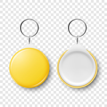 Vector 3d Realistic Yellow Blank Round Button Badge with Ring Holder Closeup, Isolated. ID Badge Design Template, Mockup. Design Template for Access Pass, Identification, Events. Front, Back Side Viewのイラスト素材