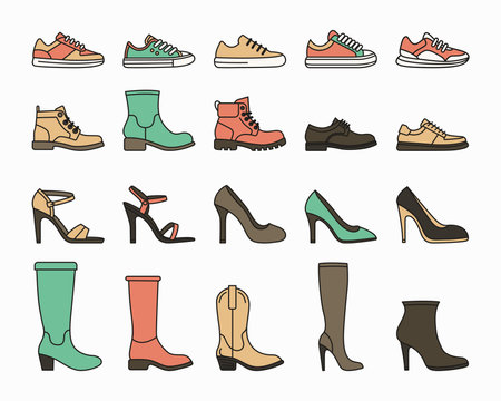 Flat Vector Linear Male and Female Shoes Icon Set Isolated. Sneakers, Shoes, Boots Footwear Color Iconsのイラスト素材