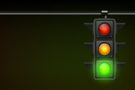 Vector Realistic Hanging Traffic Signal with Green Light. Traffic Light with Glowing Green Prohibiting Signal Isolated on Black Backgroundのイラスト素材