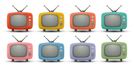 Vector 3d Vintage TV Set Icon Set. Retro TV Icons, Design Template, Clipart. Retro TV Symbol for Web, Logo, App, UIのイラスト素材