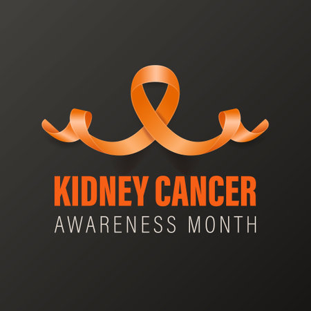 Kidney Cancer Banner, Card, Placard with Vector 3d Realistic Orange Ribbon on Black Background. Kidney Cancer Awareness Month Symbol Closeup. World Kidney Cancer Day Conceptのイラスト素材