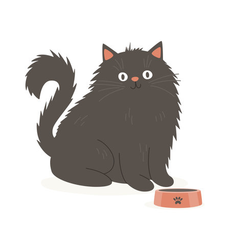 Vector Flat Black Fluffy Cat with Pets Bowl. Cartoon Cat Icon Isolated. Black Cute and Funny Cat in Front Viewのイラスト素材