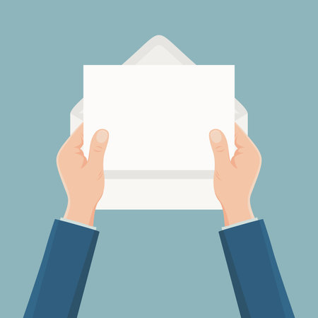 Flat Vector Illustration of Hands Holding a Blank Paper Sheet Out of an Envelope, Top Viewのイラスト素材