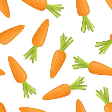 Vector Seamless Cute Pattern Cartoon Flat Carrots on White Background. Fresh Orange Color Carrot Print. Healthy Eating Conceptのイラスト素材