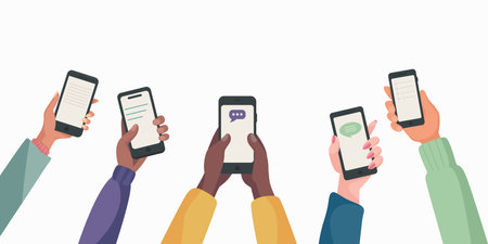 Male and Female Hands Holding Smartphones, Top View. Chat Message Notifications, Mobile Phone Concept. SMS Bubbles on Cell Phone Screen. People Chatting. Flat Vector Illustrationのイラスト素材