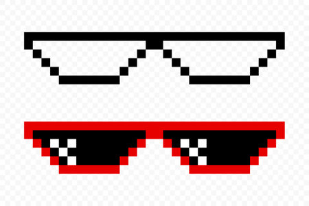 Pixelated Sunglasses Set. Pixel Boss Glasses, 8 bit Style. Meme Game 8-bit Sunglasses Design Template, Isolatedのイラスト素材