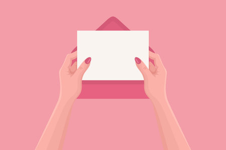 Flat Vector Illustration of Female Hands Holding a Blank Paper Sheet Out of an Envelope, Top Viewのイラスト素材