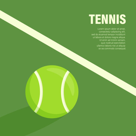 Flat Vector Tennis Ball Icon is on the Green Tennis Court. Tennis Ball Design Template, Sports Concepts, Competition Promotions, Advertisements, Graphics for a Tennis Event. Sports Backgroundのイラスト素材
