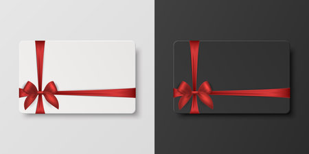 Vector 3D Realistic Blank Gift Card and Gift Certificate Template with Silk Red Ribbon and Satin Bow. Greeting or Sale Card, Isolated. Birthday, Christmas, Party Gifts, Invitation Conceptのイラスト素材