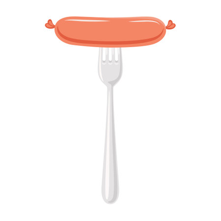 Vector Flat Sausage and Fork Closeup Isolated on a White Background. Cartoon Sausage Design Template, Outline Color Illustrationのイラスト素材