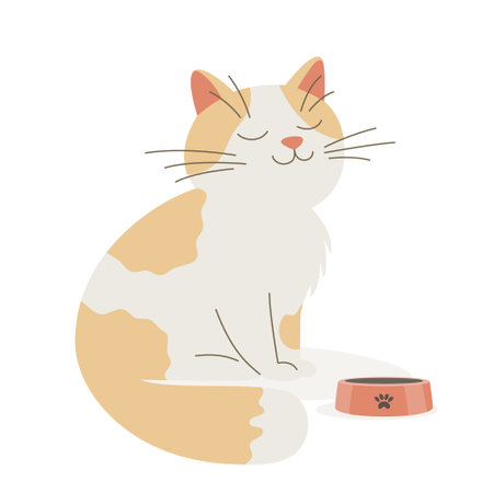 Vector Flat Orange and White Cat with Pets Bowl. White and Ginger Cartoon Cat Icon Isolated. Cute and Funny Cat in Front Viewのイラスト素材