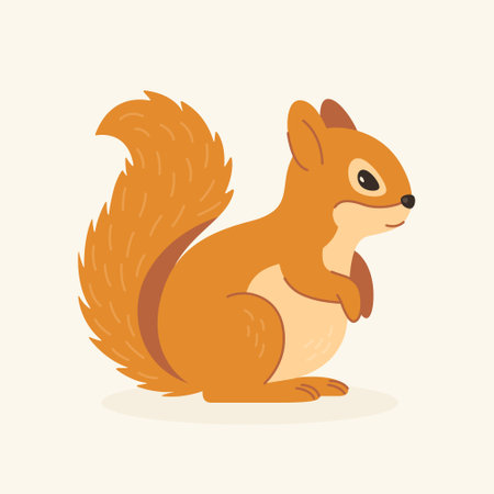 Flat Vector Cute Squirrel. Little Squirrel Icon. Adorable Cartoon Squirrel Character Isolated on White Background, Side Viewのイラスト素材