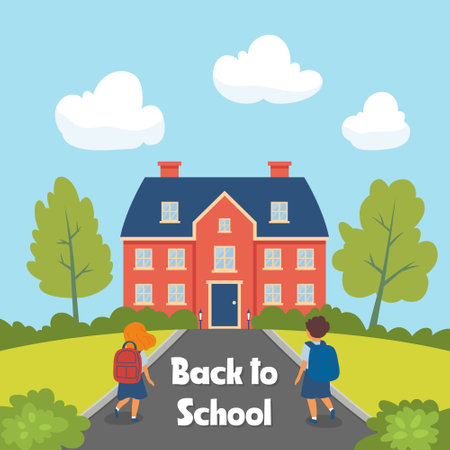 Back to School Background. Two Cartoon Kids with Backpacks Walking Towards School Building. Colorful Flat Style Design with Text. Education, Learning, School Theme Design Template. Vector Illustrationのイラスト素材
