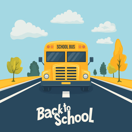 Cartoon School Bus Driving on Road, Front View. Back to School Concept Banner. Yellow School Bus...
