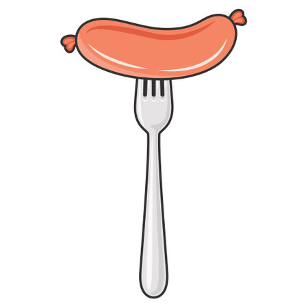 Vector Flat Sausage and Fork Icon Isolated on a White Background. Cartoon Style Sausage and Fork Design Template, Outline Color Illustration. Food and Culinary Conceptのイラスト素材