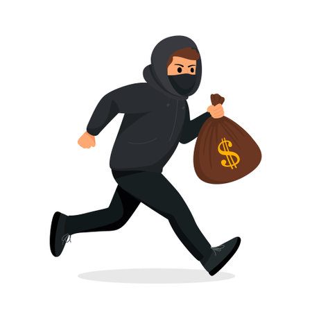 Vector Cartoon Thief Running with Stolen Money Bag. Flat Style Criminal Holding Money Bag with Dollar Sign. Bank Robbery Scene with Thief in Hoodie and Maskのイラスト素材