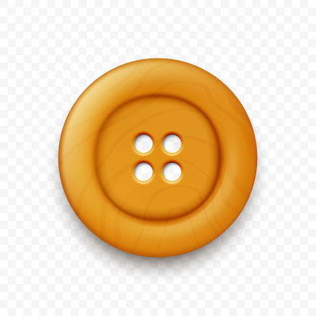 Vector Brown Color Wooden Two Holes Clothes Button Closeup, Isolated on White Background with Reflection. Round Button, Front Viewのイラスト素材