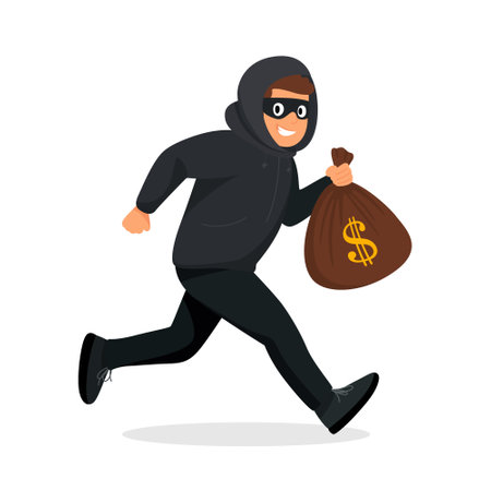 Vector Cartoon Thief Running with Stolen Money Bag. Flat Style Criminal Holding Money Bag with Dollar Sign. Bank Robbery Scene with Thief in Hoodie and Eye Maskのイラスト素材