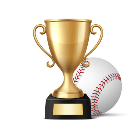 Vector 3D Realistic Yellow Golden Champion Cup and Baseball Set. Metal Trophy Design Template for Sports Championship. Trophy and Baseball, Front View. Vector Illustration for Sports Conceptsのイラスト素材