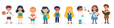 Flat Cartoon School Kids Subject Stickers - Science, Literature, Geography. Vector Illustration for Education and Learning. Colorful Minimalist School Sticker Design Templateのイラスト素材