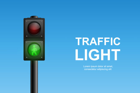 Vector Realistic Hanging Traffic Signal with Green, Yellow and Red Light. Pedestrian Signal. Traffic Light on Blue Sky Backgroundのイラスト素材