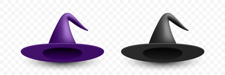 Vector 3d Realistic Witch Hats Illustration. Purple and Black Witch Hat for Halloween. Spooky Decor, Design Element, Icons. Halloween Vector Art for Seasonal Graphicsのイラスト素材