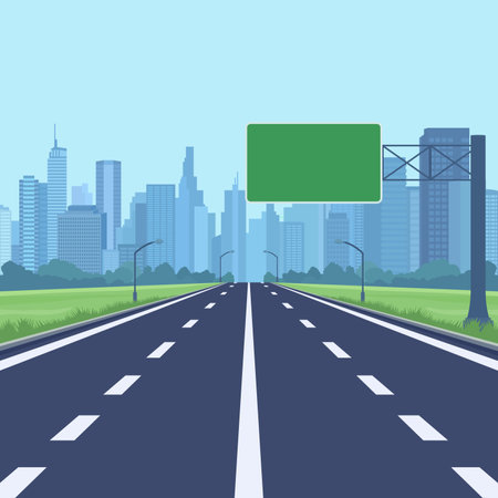 Flat Vector Highway Entering Modern City With Skyscrapers. Scenic Urban Road Leading Into Metropolis Background. Green Rectangular Blank Sign For Text. Urban Development, Cityscape Designのイラスト素材