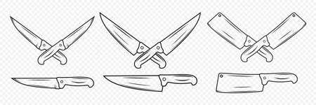 Kitchen Knives Silhouette. Single Color Kitchen Knives. Crossed Knives. Vector Cutout Illustration. Minimalist Knife Icon Set, Design Templates. Flat Style Culinary Toolsのイラスト素材