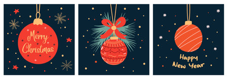 Vector Hand Drawn Flat Colorful Simple New Year and Christmas Postcard with Christmas Ornaments, Baubles, Snowflakes. Square Shape Design Template for Festive Greetingsのイラスト素材