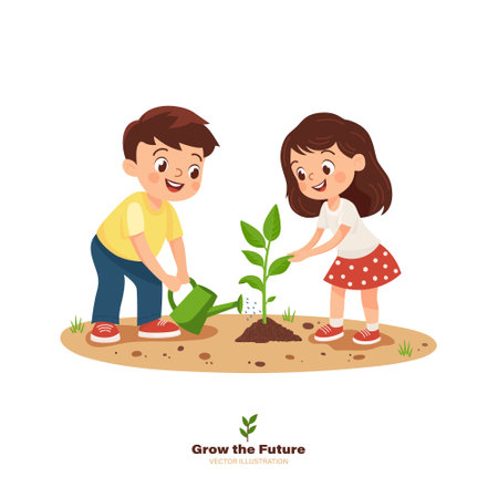 Happy Kids Planting And Watering a Tree. Eco Friendly Children Engaged In Gardening, Nature Conservation, Sustainability. Design Template for Green Energy, Ecology, Environment. Vector Illustrationのイラスト素材
