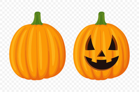 Vector Cartoon Pumpkins Collection with Carved Faces. Flat Colorful Pumpkin Stickers Set. Design Templates for Halloween, Fall, Harvest. Cute and Fun Simple Pumpkin Illustrationsのイラスト素材