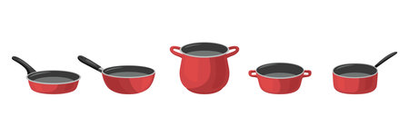 Flat Color Cookware Vector Illustration. Cooking Pots, Frying Pans, Saucepan. Kitchen Utensils, Kitchenware, Cooking Set. Nonstick Cookware, Kitchen Cooking Pans, Utensils, Equipment Iconsのイラスト素材
