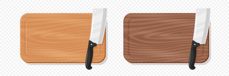 Wooden Cutting Board with Meat Cleaver, Vector Illustration. Kitchen Chopping Board for Food Preparation. Butcher Knife for Meat Cutting. Kitchenware for Cooking, Culinary Tool for Restaurantsのイラスト素材