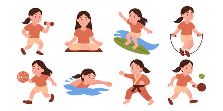 Vector Cartoon Active Girl Doing Various Sports Activities, Kids Fitness Illustrations Set. Child Exercise Clipart, - Swimming, Yoga, Basketball, Martial Arts, Fitness Workout, Tennis and Surfingのイラスト素材