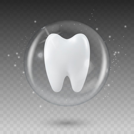 Vector 3D Realistic Tooth in a Protective Bubble Icon Isolated. Design Template, Clipart. Dentistry, Healthcare, Medical, Hygiene, Protection Conceptのイラスト素材