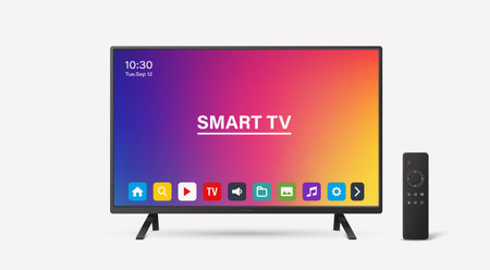 Smart TV Vector Illustration with Remote Control. Modern Smart TV Vector Art for Interface Design. Realistic Smart TV Vector for Technology Mockup. Stylish Television and Remote for App and Brandingのイラスト素材