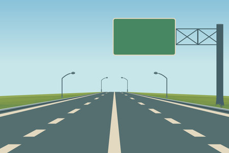 Highway Road Vector Background. Empty Highway Road Vector Illustration with Green Road Sign, Street Lights, Blue Sky. Highway Road Vector for Transportation, Travel, Cityscape, Journey, Poster, Bannerのイラスト素材