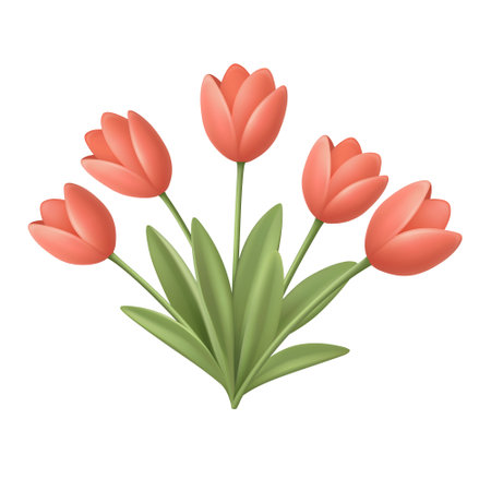 Vector 3d Tulip Clipart. Tulip Flower, Tulip Bouquet. Red Tulips with Green Leaves for Spring Design, Floral Poster, Wedding Card, Mothers Day Graphic, Nature Banner, Wall Art. Vector Illustrationのイラスト素材