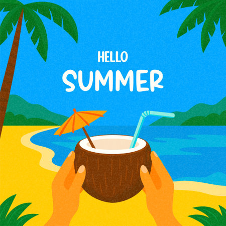 Hello Summer. Summer Coconut Drink on Beach with Tropical Palm Leaves, Ocean View and Sand. Flat Summer Vector Illustration for Vacation Poster, Travel Banner, Holiday Card, Summer Background Designのイラスト素材