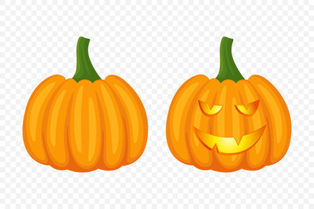Vector Cartoon Halloween Pumpkins Collection with Carved Faces. Flat Colorful Pumpkin Stickers Set. Design Templates for Halloween, Fall, Harvest. Cute and Fun Simple Pumpkin Illustrationsのイラスト素材